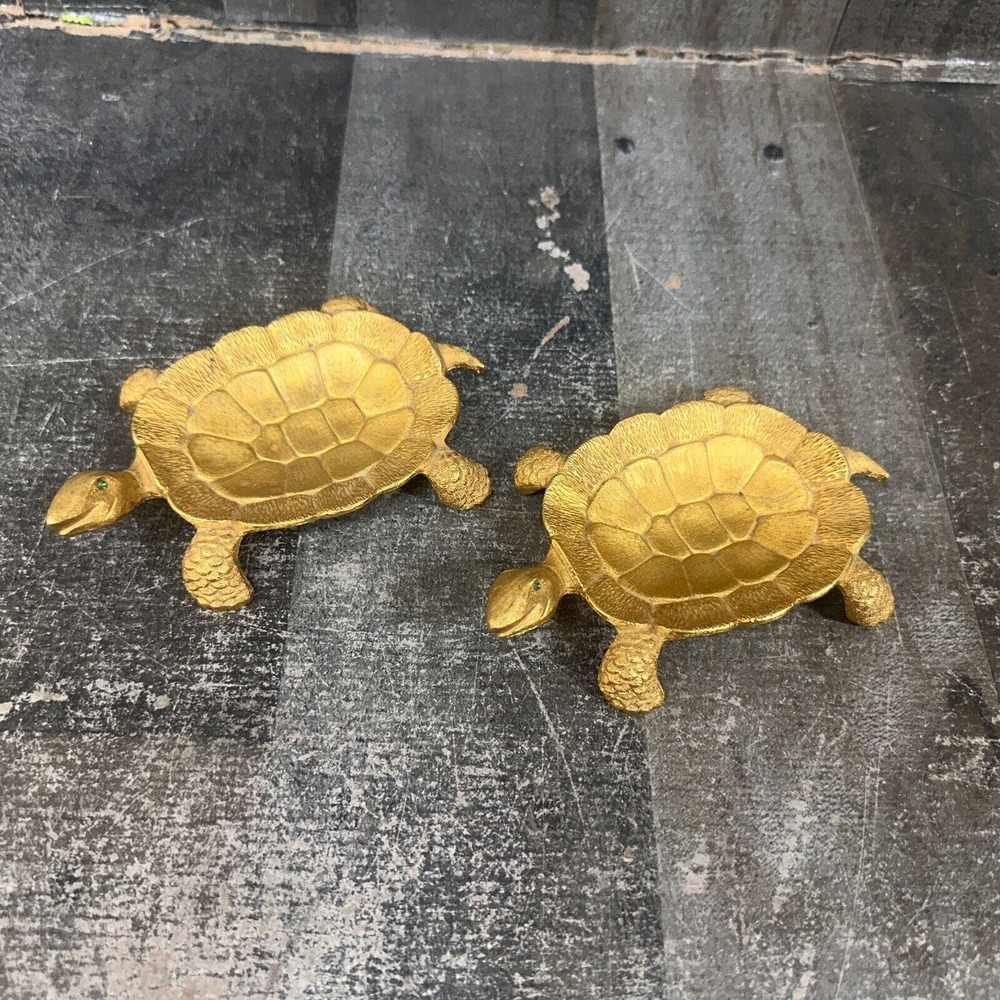 Vintage Polly Bergen Goldtone Turtle w/ Rhinestone Eyes Soap Pin Dish‎ Lot of 2
